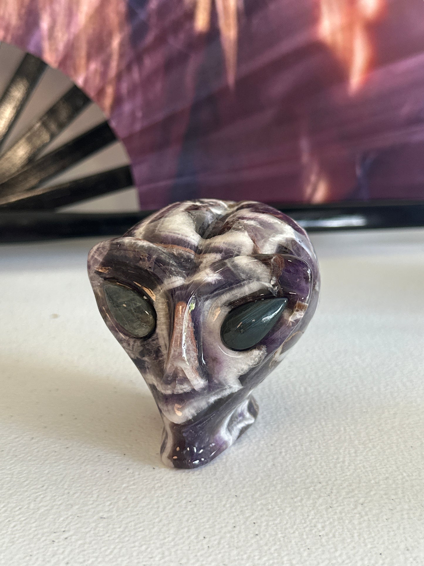 Chevron Amethyst Alien Carving with Labradorite Eyes