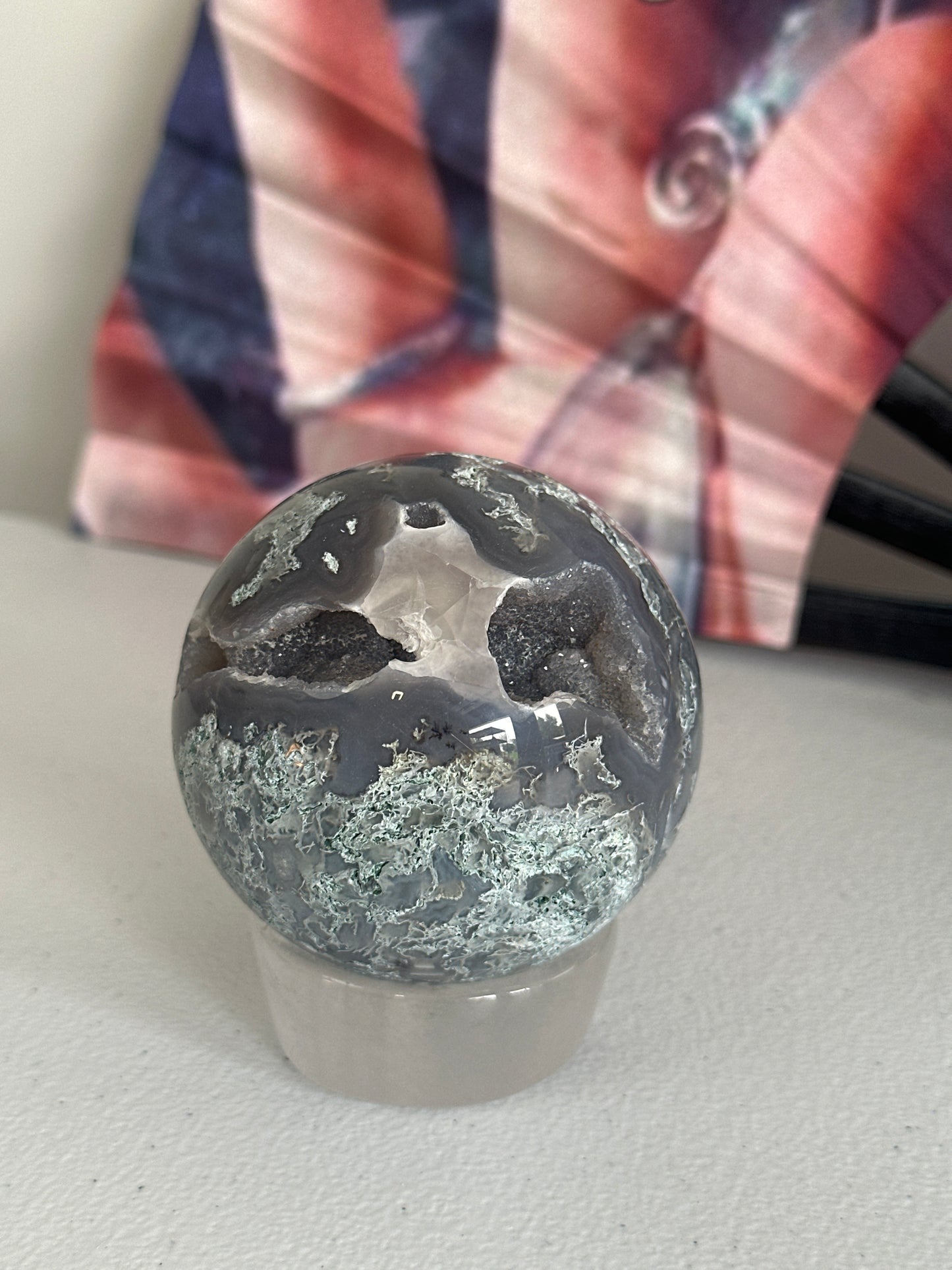 Moss Agate Chalcedony Druzy Cave Sphere
