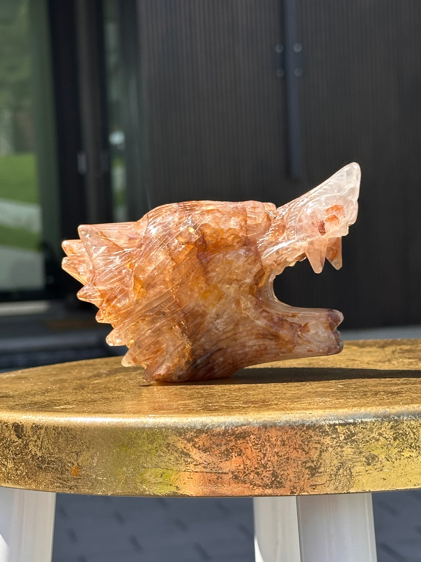 Golden Healer Quartz Wolf Head Carving
