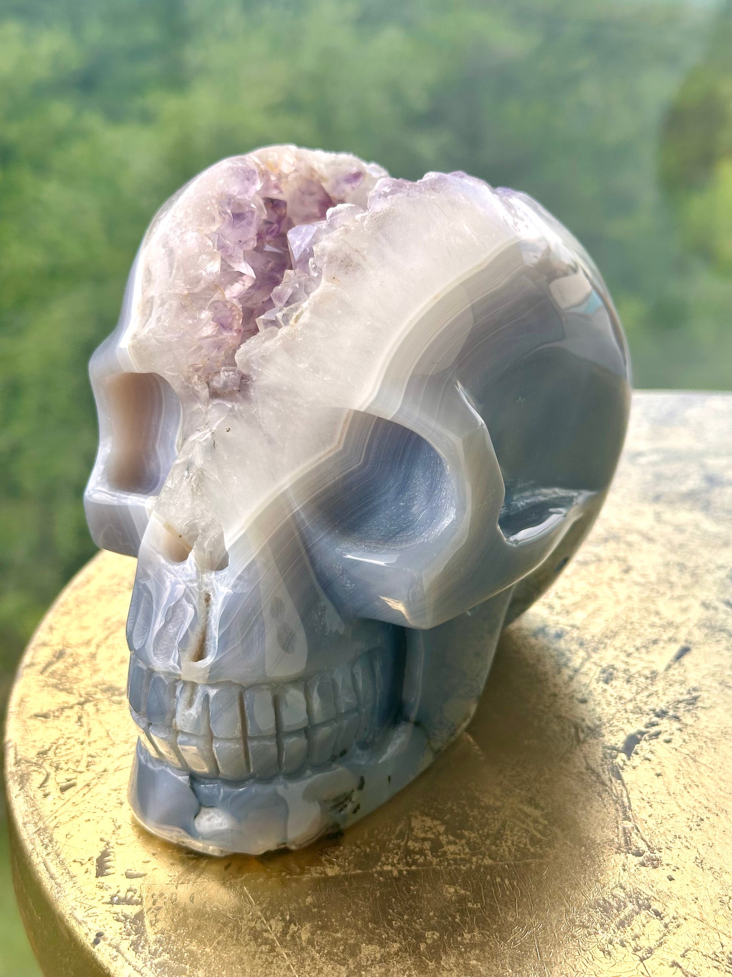 Rare Blue Lace Agate Skull with a Large Amethyst Cave Over 5 LBS