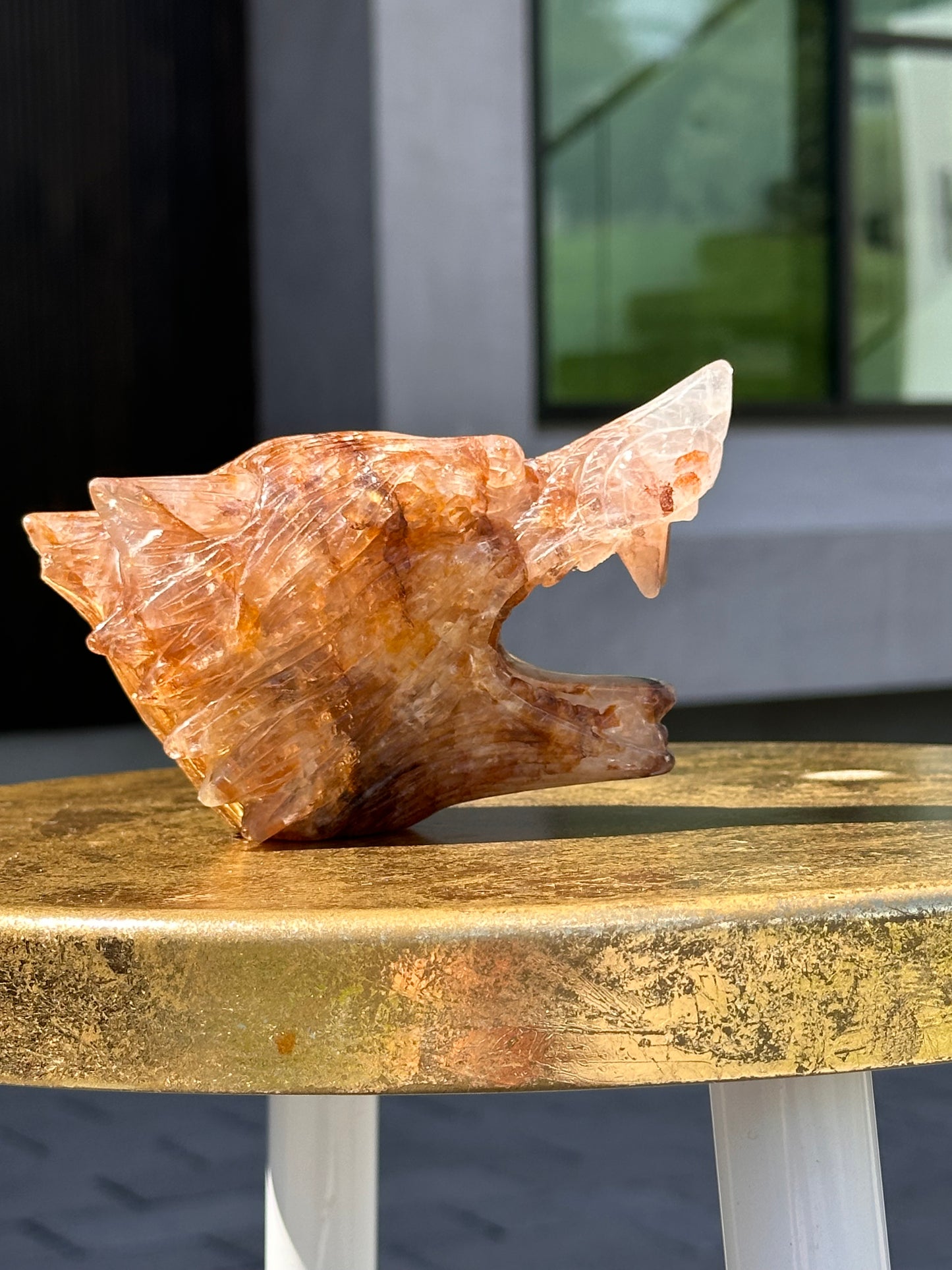 Golden Healer Quartz Wolf Head Carving