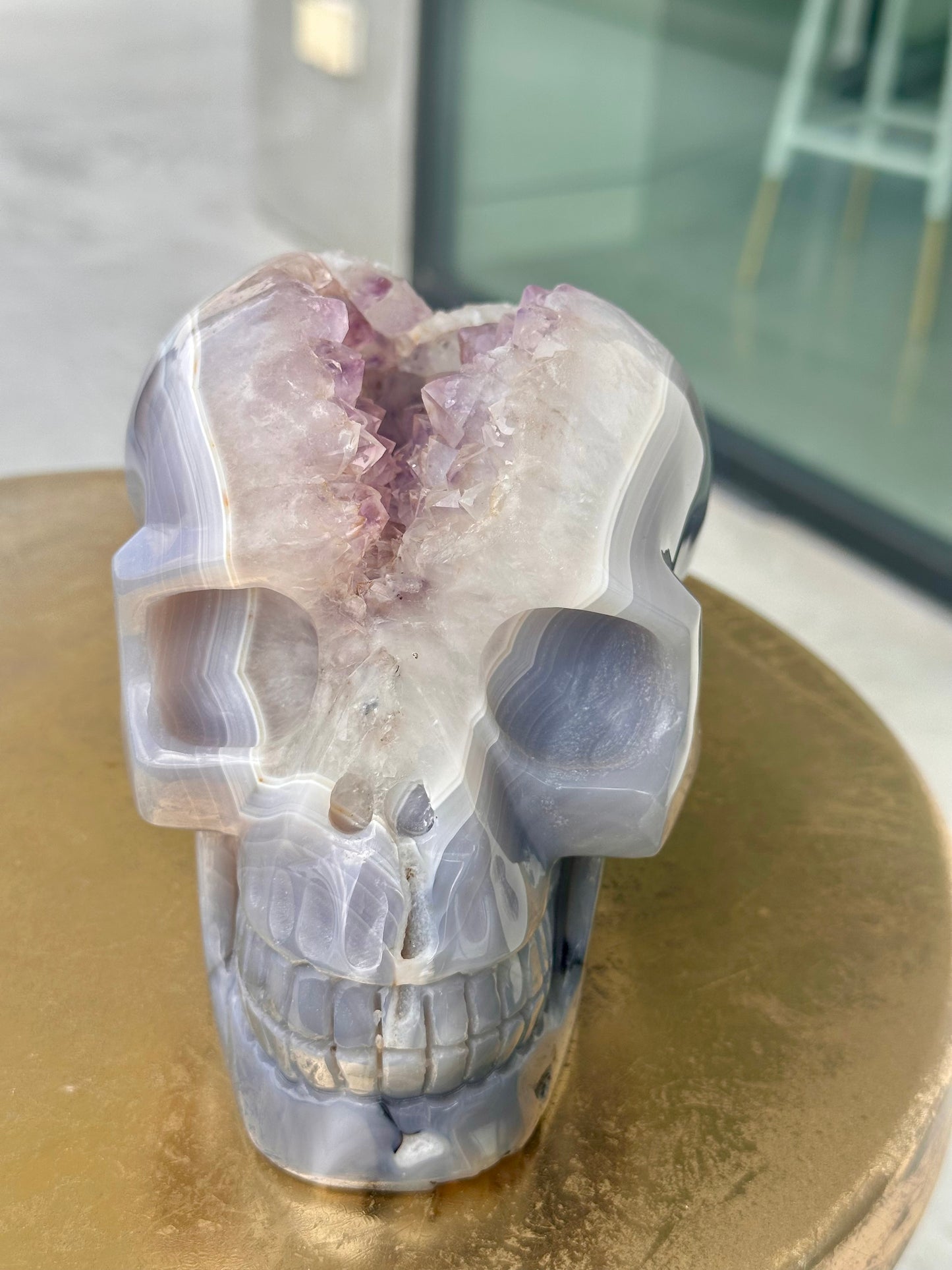 Rare Blue Lace Agate Skull with a Large Amethyst Cave Over 5 LBS