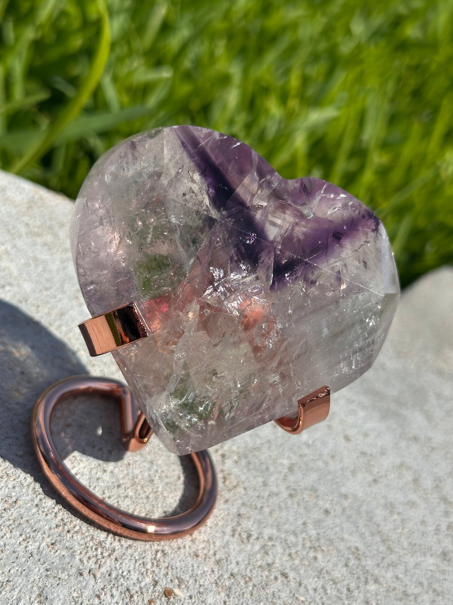 Quartz Heart with Amethyst Phantoms and Rainbows