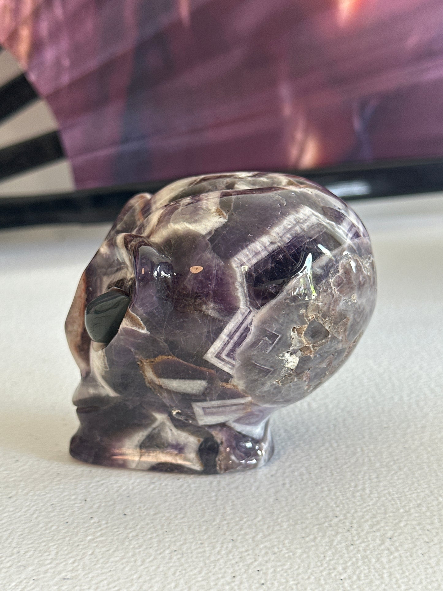 Chevron Amethyst Alien Carving with Labradorite Eyes