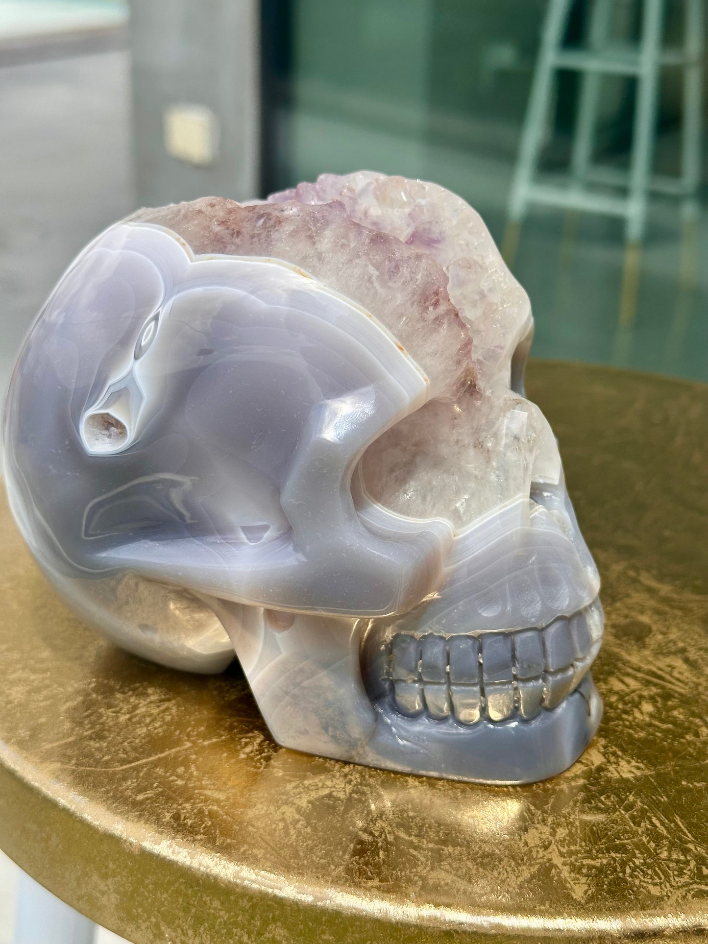 Rare Blue Lace Agate Skull with a Large Amethyst Cave Over 5 LBS