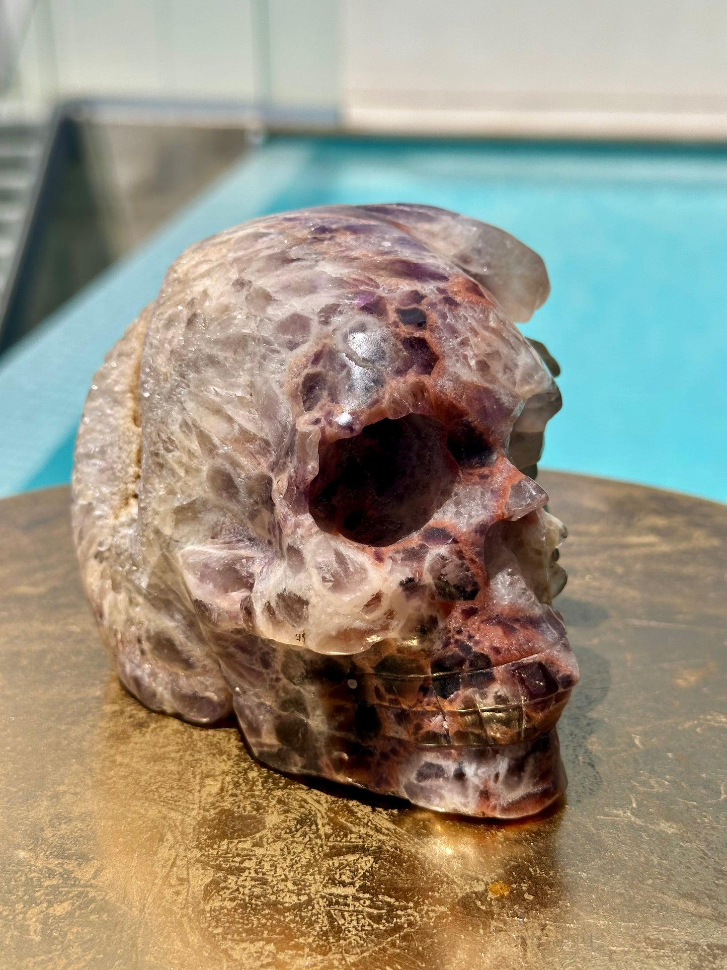 Multiple Pointed Red Hematoid Included Amethyst Skull