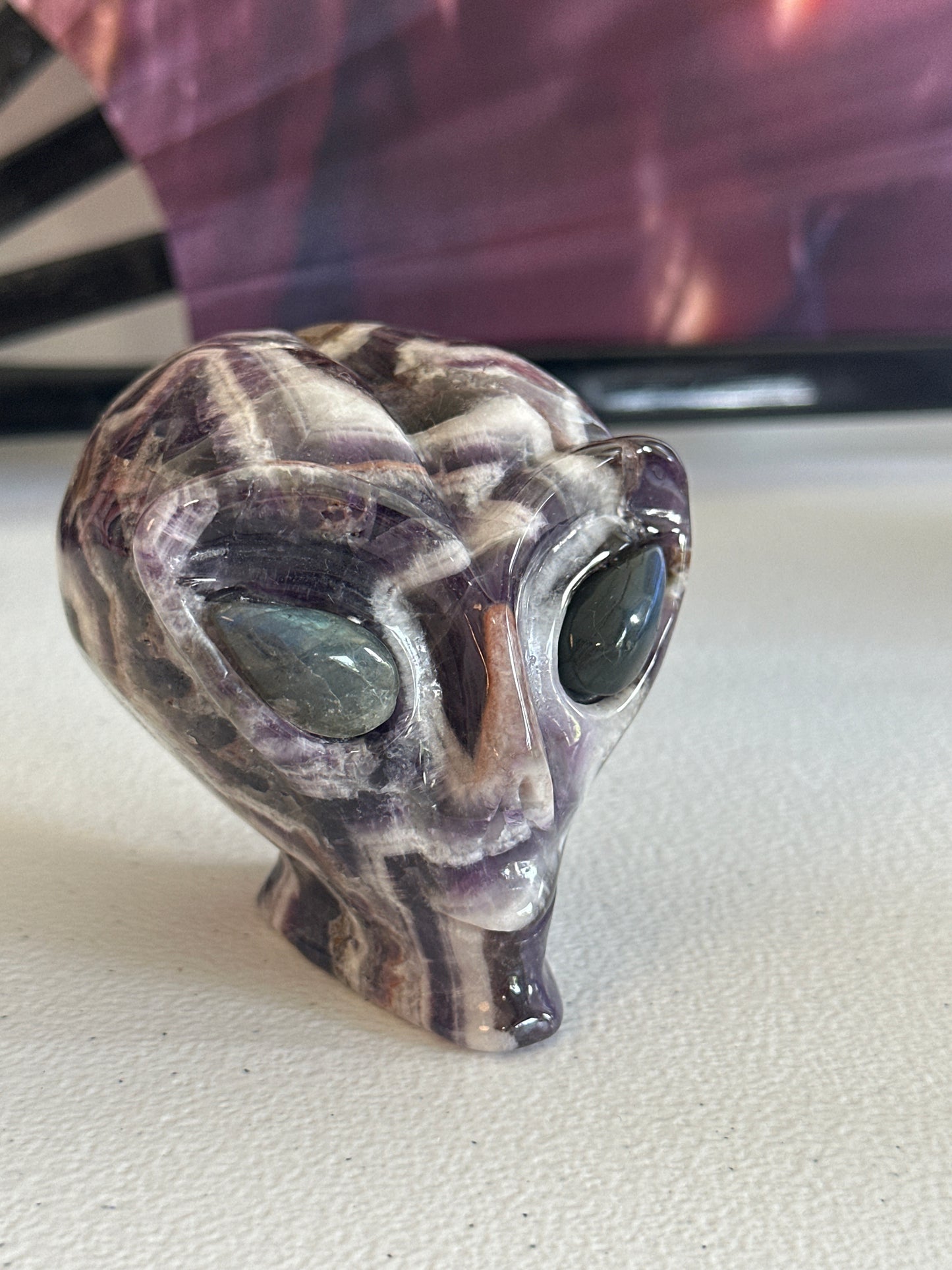 Chevron Amethyst Alien Carving with Labradorite Eyes