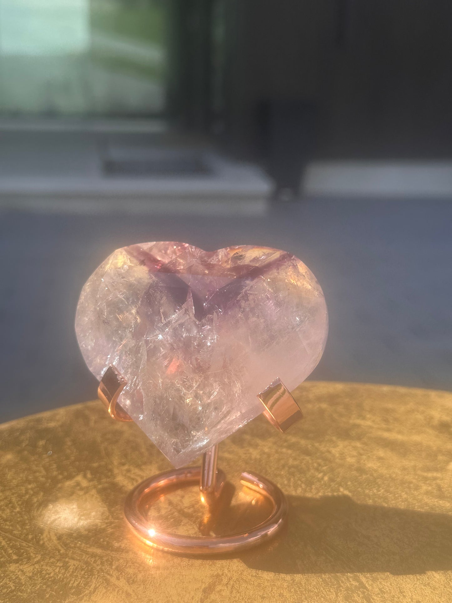 Quartz Heart with Amethyst Phantoms and Rainbows