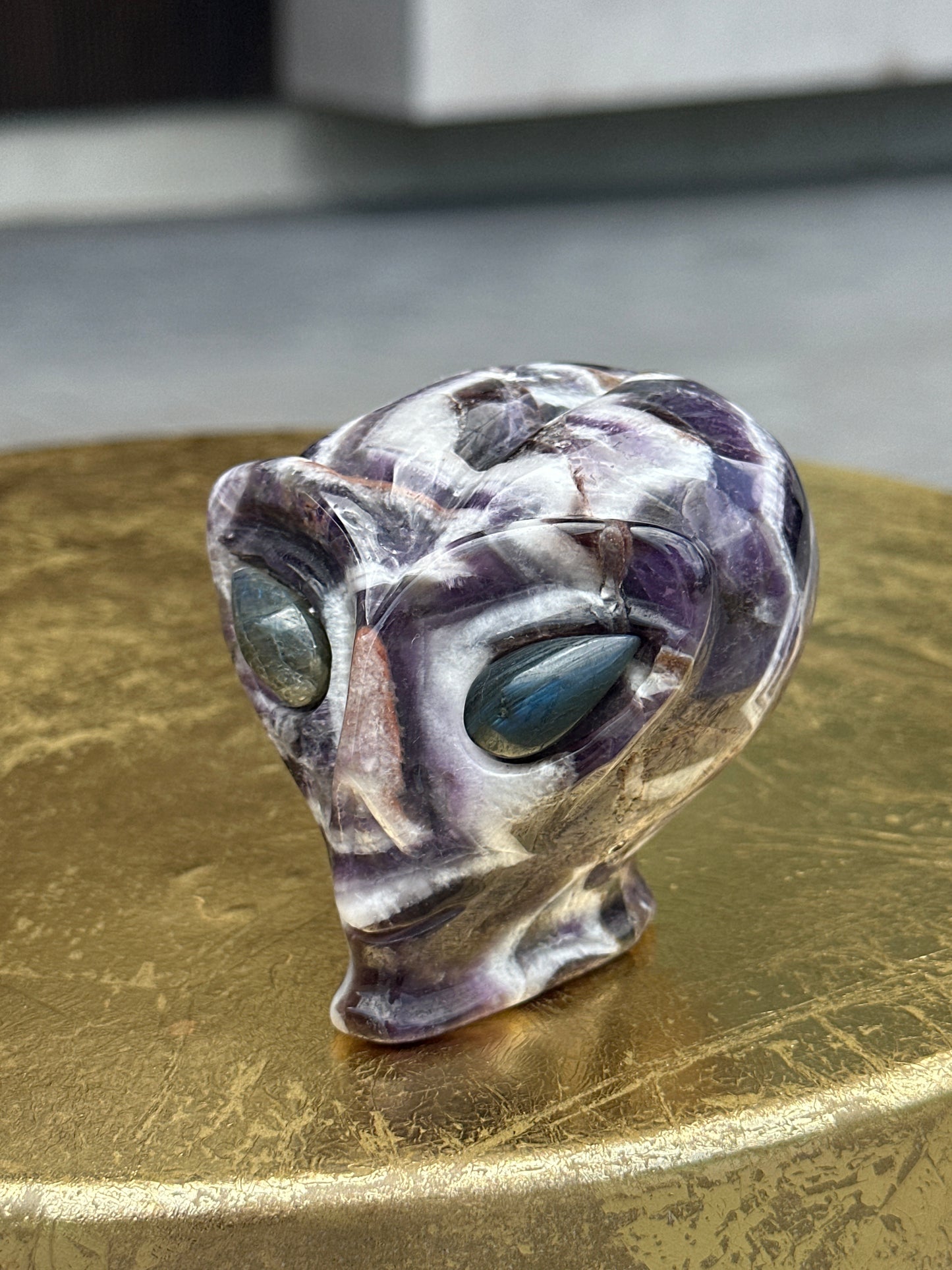 Chevron Amethyst Alien Carving with Labradorite Eyes