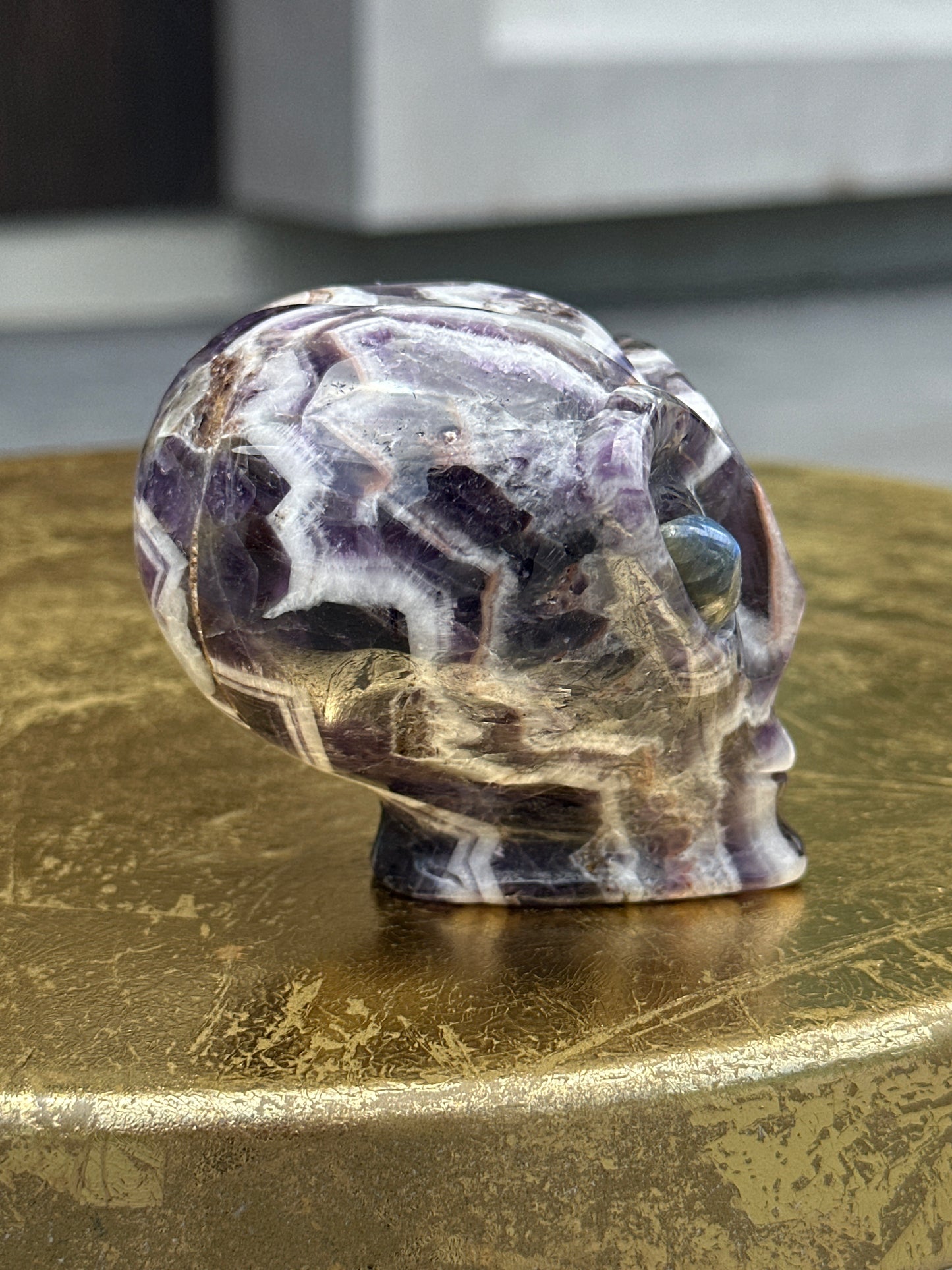 Chevron Amethyst Alien Carving with Labradorite Eyes
