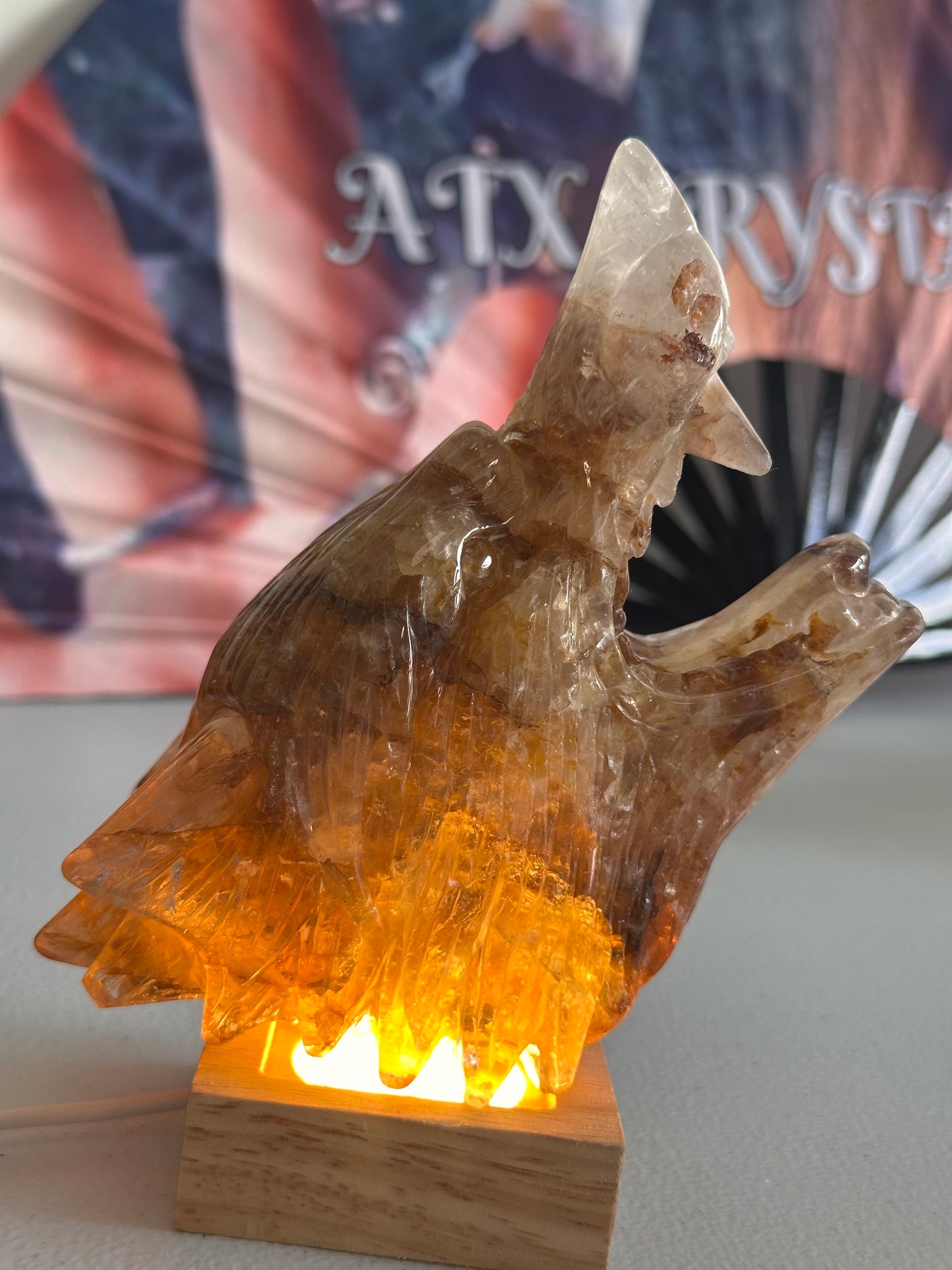 Golden Healer Quartz Wolf Head Carving
