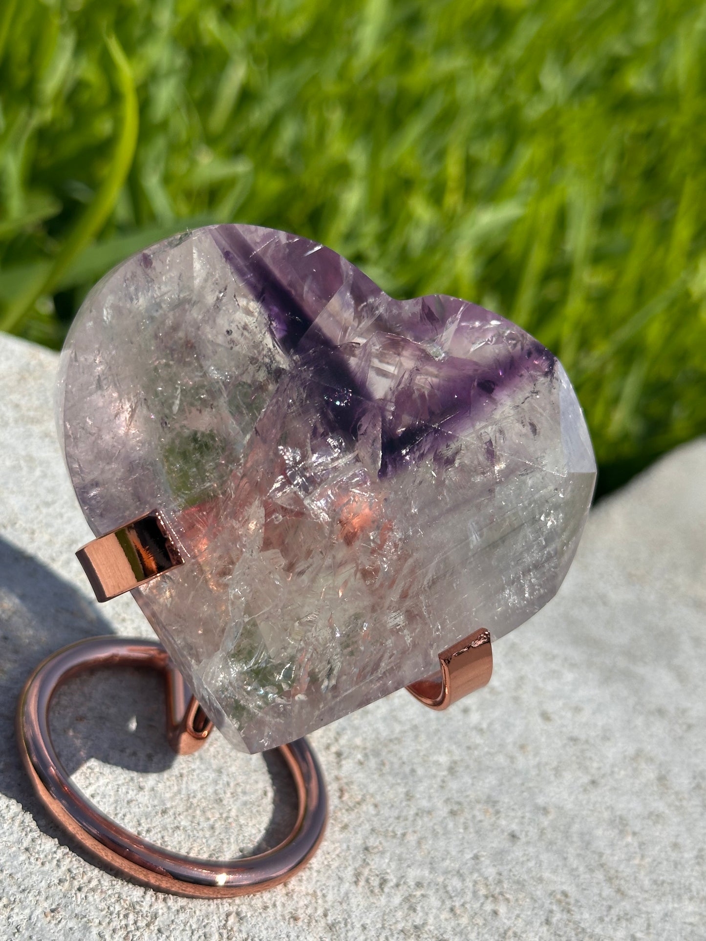 Quartz Heart with Amethyst Phantoms and Rainbows