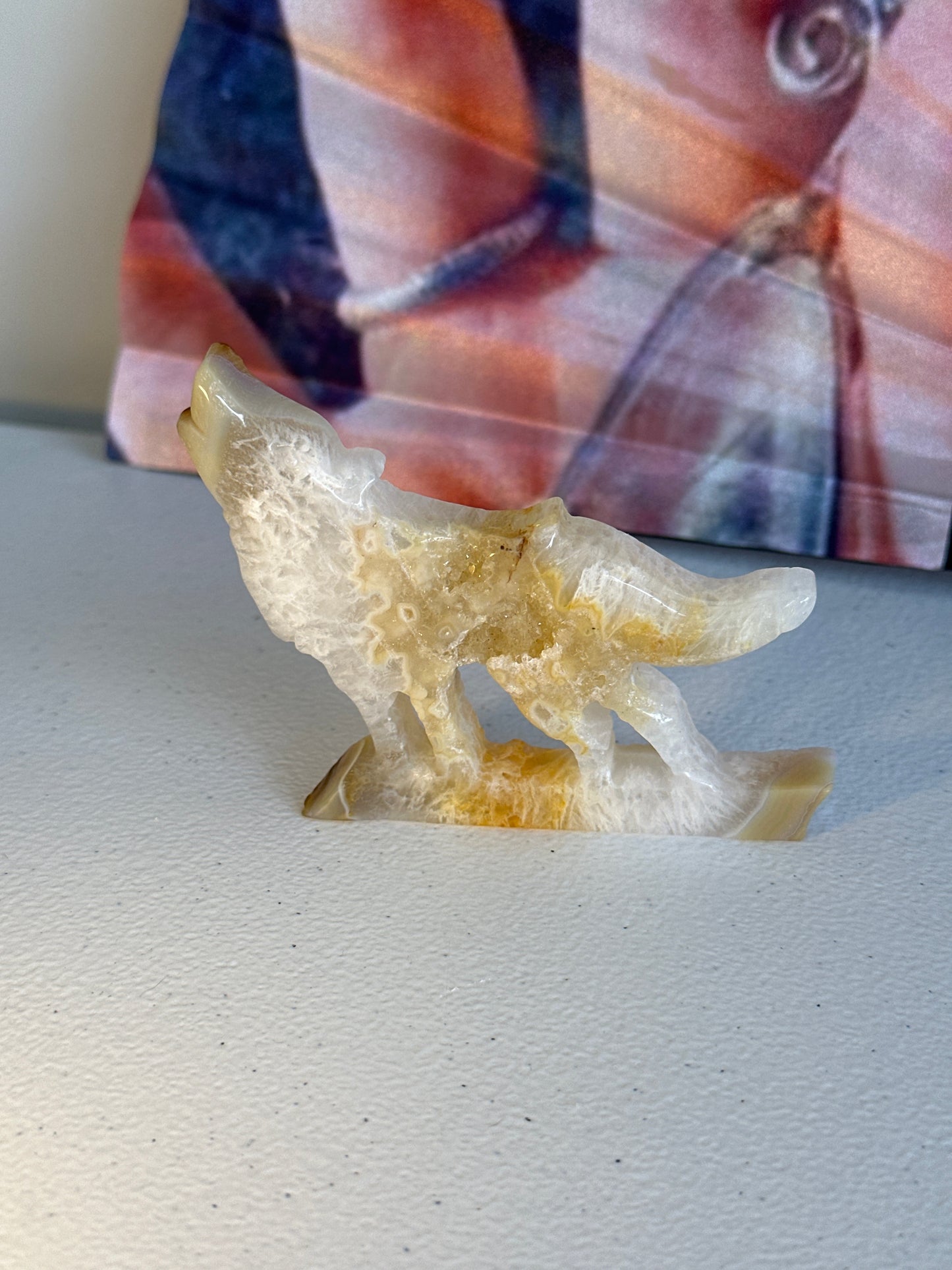 Agate Howling Wolf With Crystalline Druzy