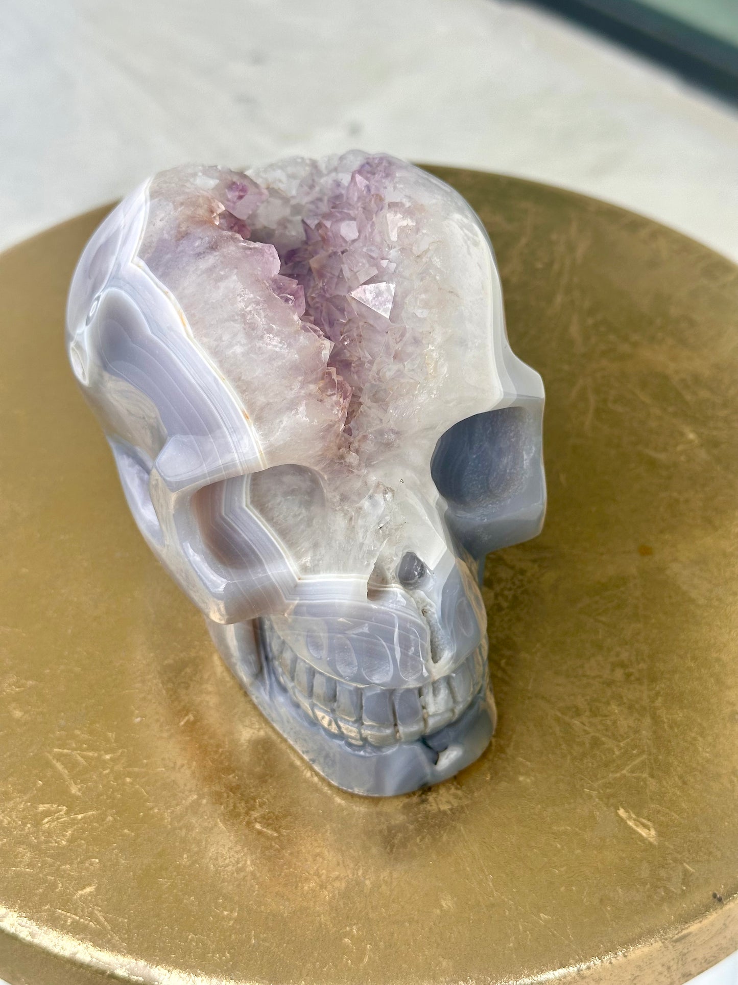 Rare Blue Lace Agate Skull with a Large Amethyst Cave Over 5 LBS