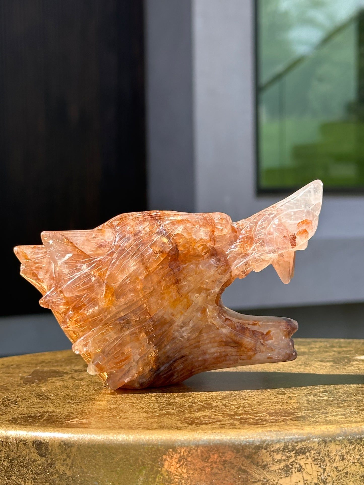 Golden Healer Quartz Wolf Head Carving