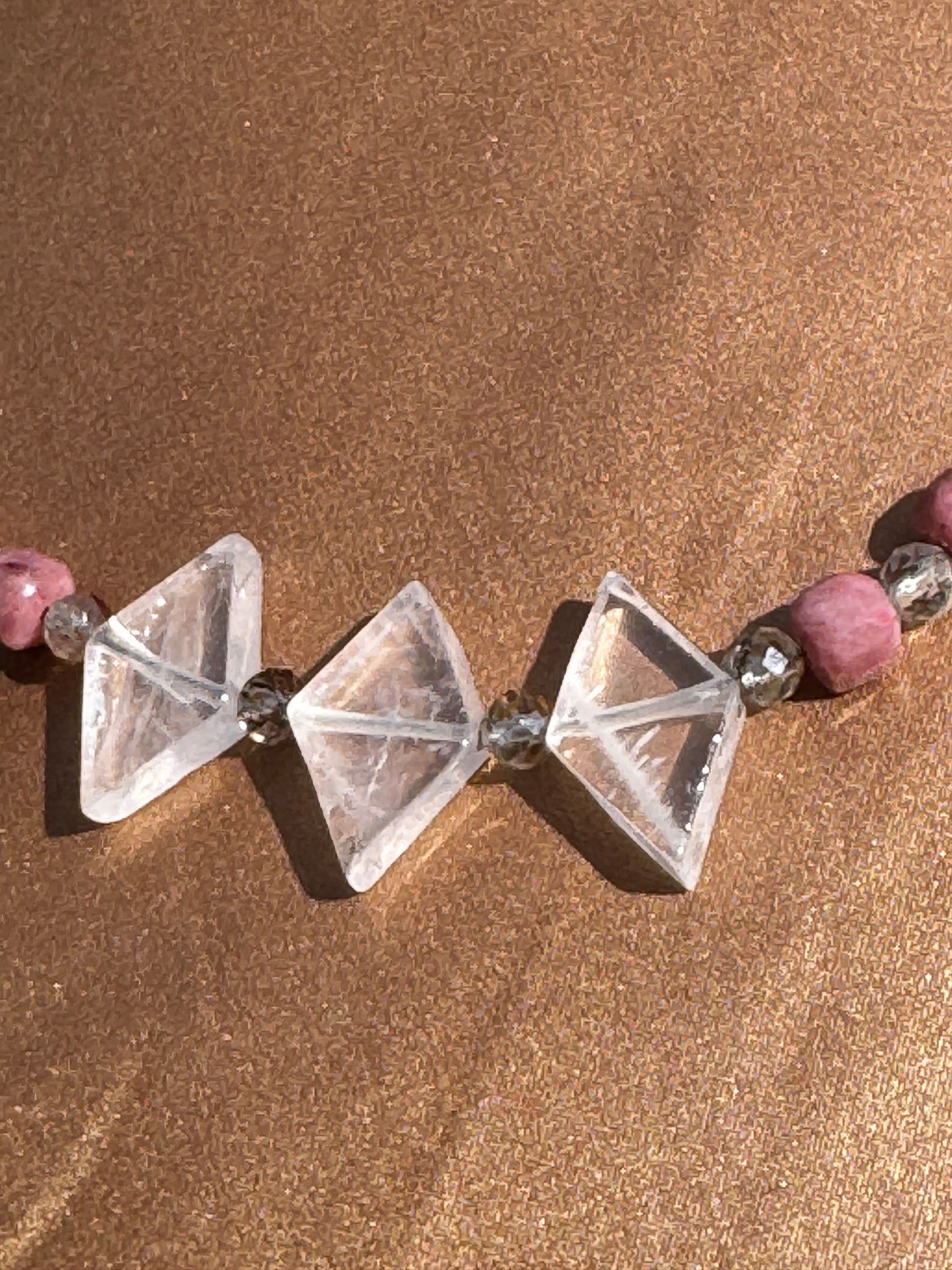 TMB Necklace Girasol Quartz Pink Opal Rutilated Quartz .925 Metallic Clasp