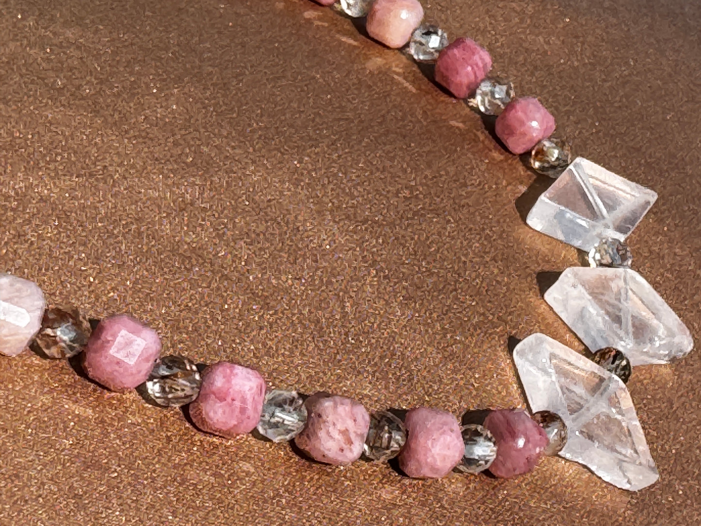 TMB Necklace Girasol Quartz Pink Opal Rutilated Quartz .925 Metallic Clasp