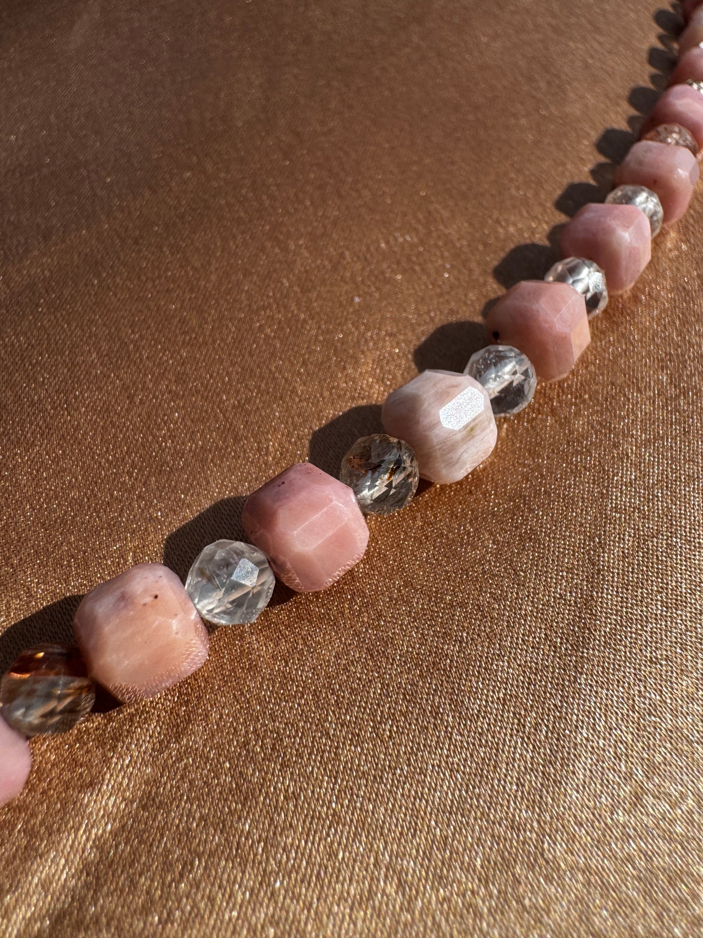 TMB Necklace Girasol Quartz Pink Opal Rutilated Quartz .925 Metallic Clasp