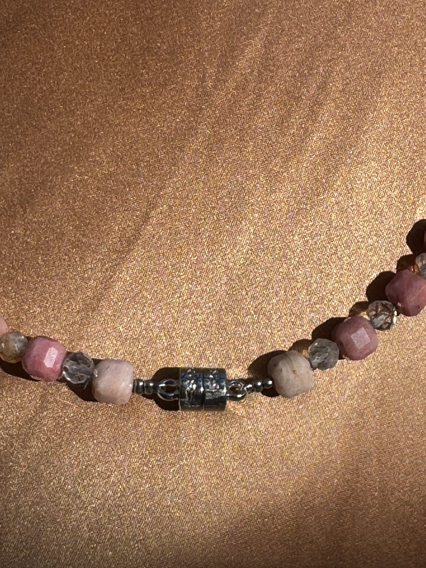 TMB Necklace Girasol Quartz Pink Opal Rutilated Quartz .925 Metallic Clasp