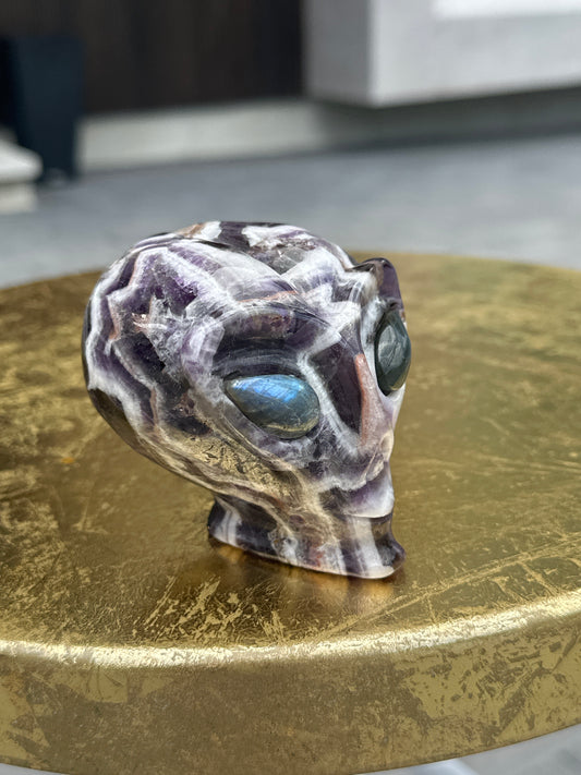 Chevron Amethyst Alien Carving with Labradorite Eyes