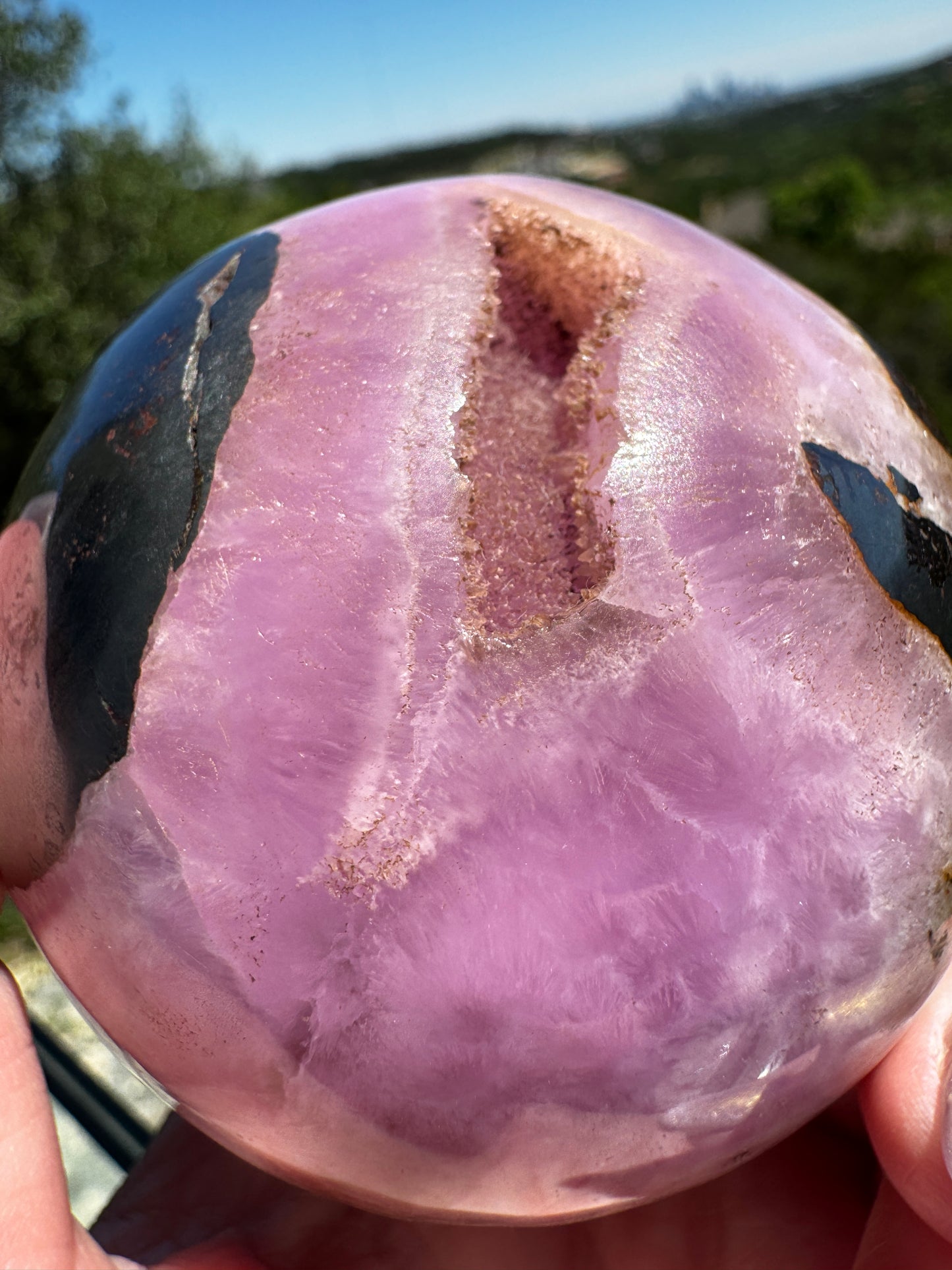 Sexy Pink Aragonite & Magnetite Druzy Cave Sphere 613 Grams