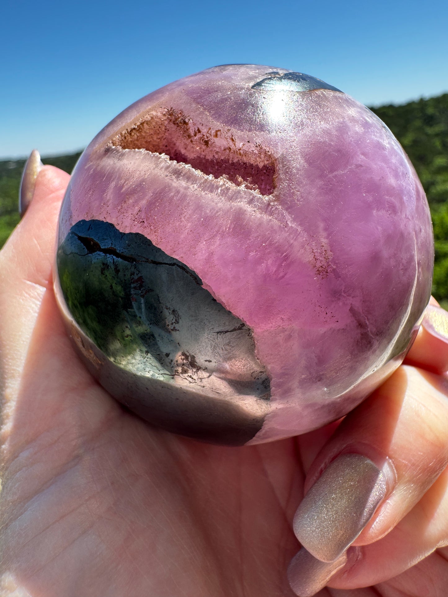 Sexy Pink Aragonite & Magnetite Druzy Cave Sphere 613 Grams