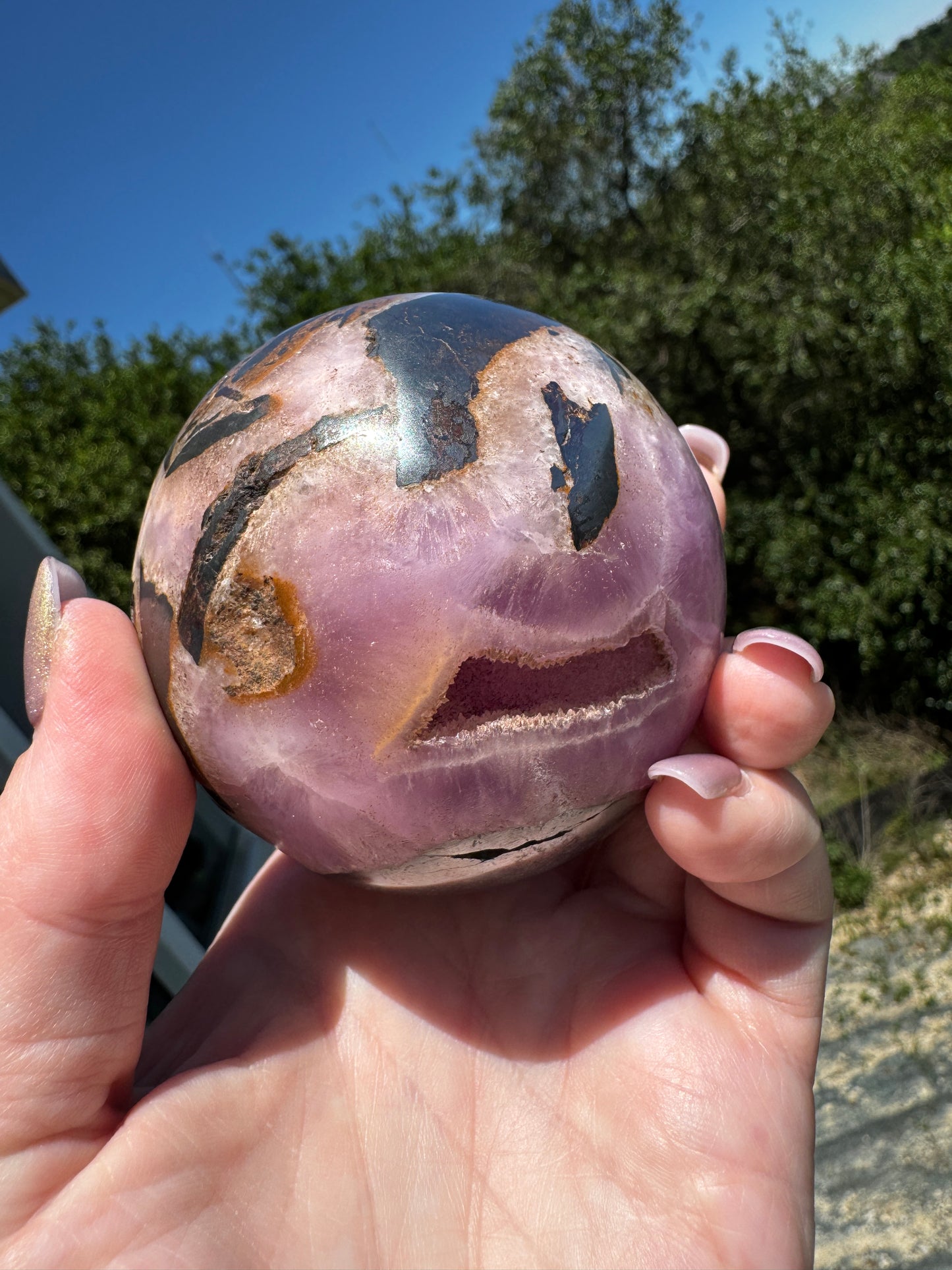 Sexy Pink Aragonite & Magnetite Druzy Cave Sphere 613 Grams