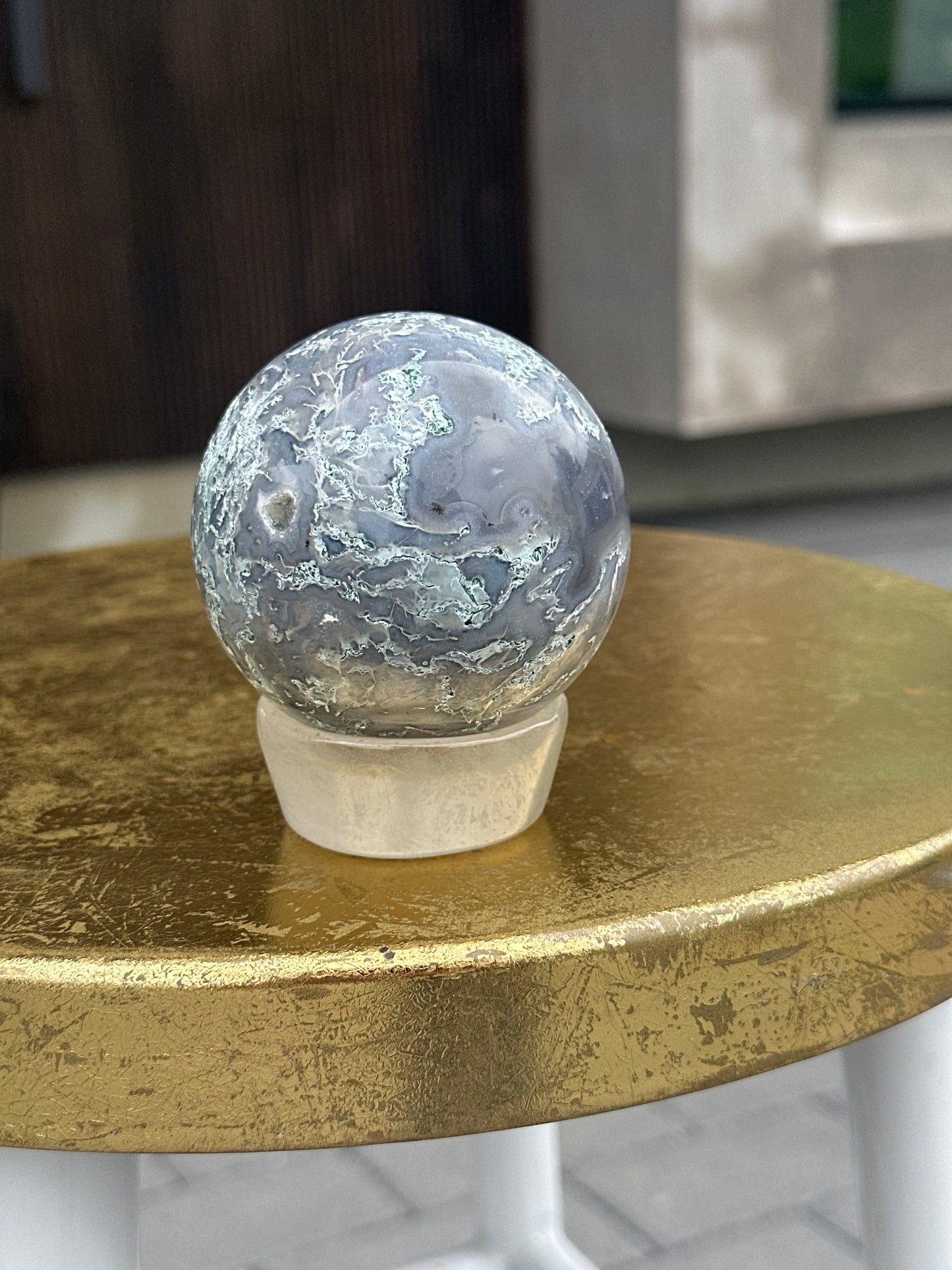 Moss Agate Chalcedony Druzy Cave Sphere