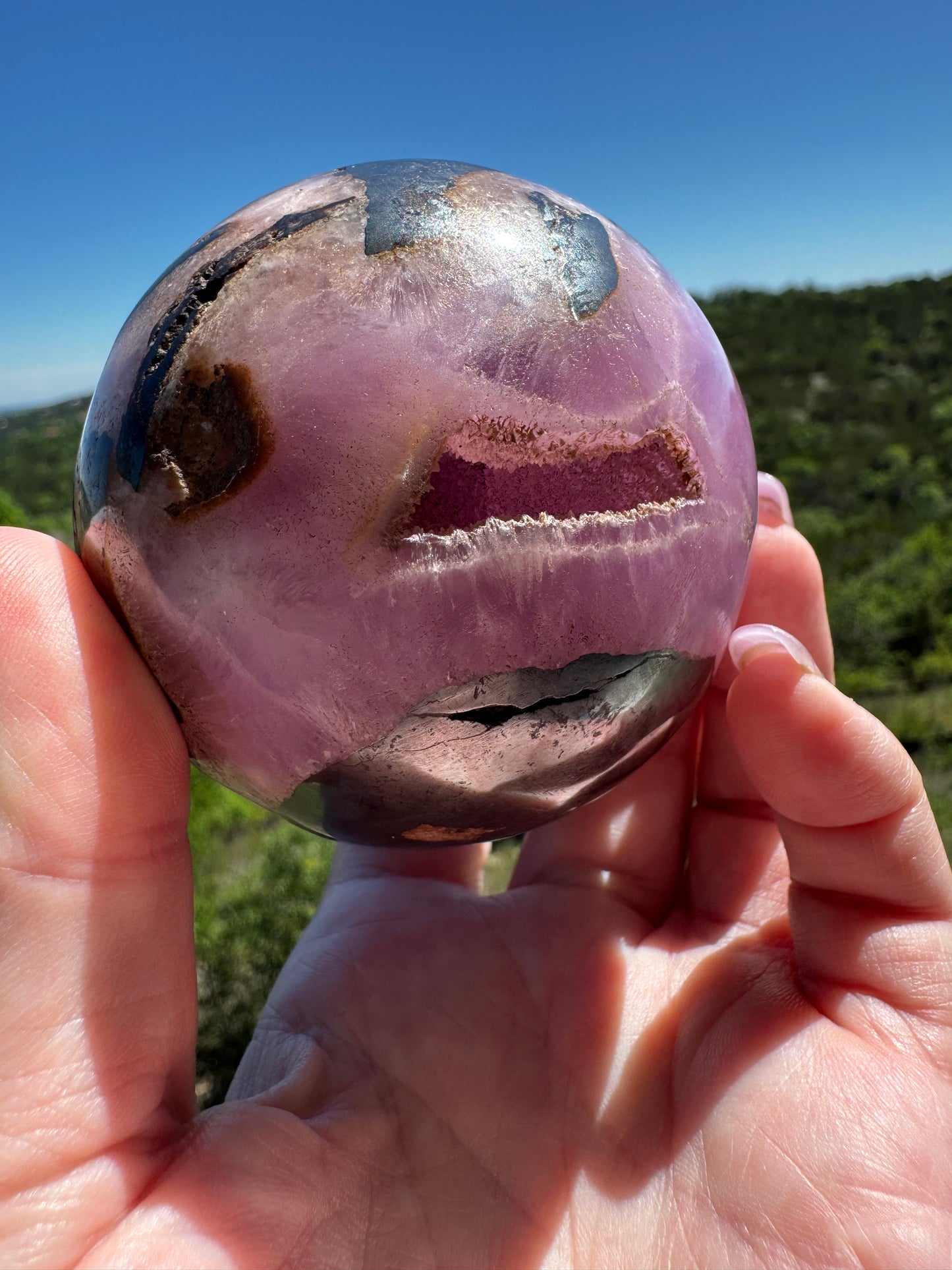 Sexy Pink Aragonite & Magnetite Druzy Cave Sphere 613 Grams