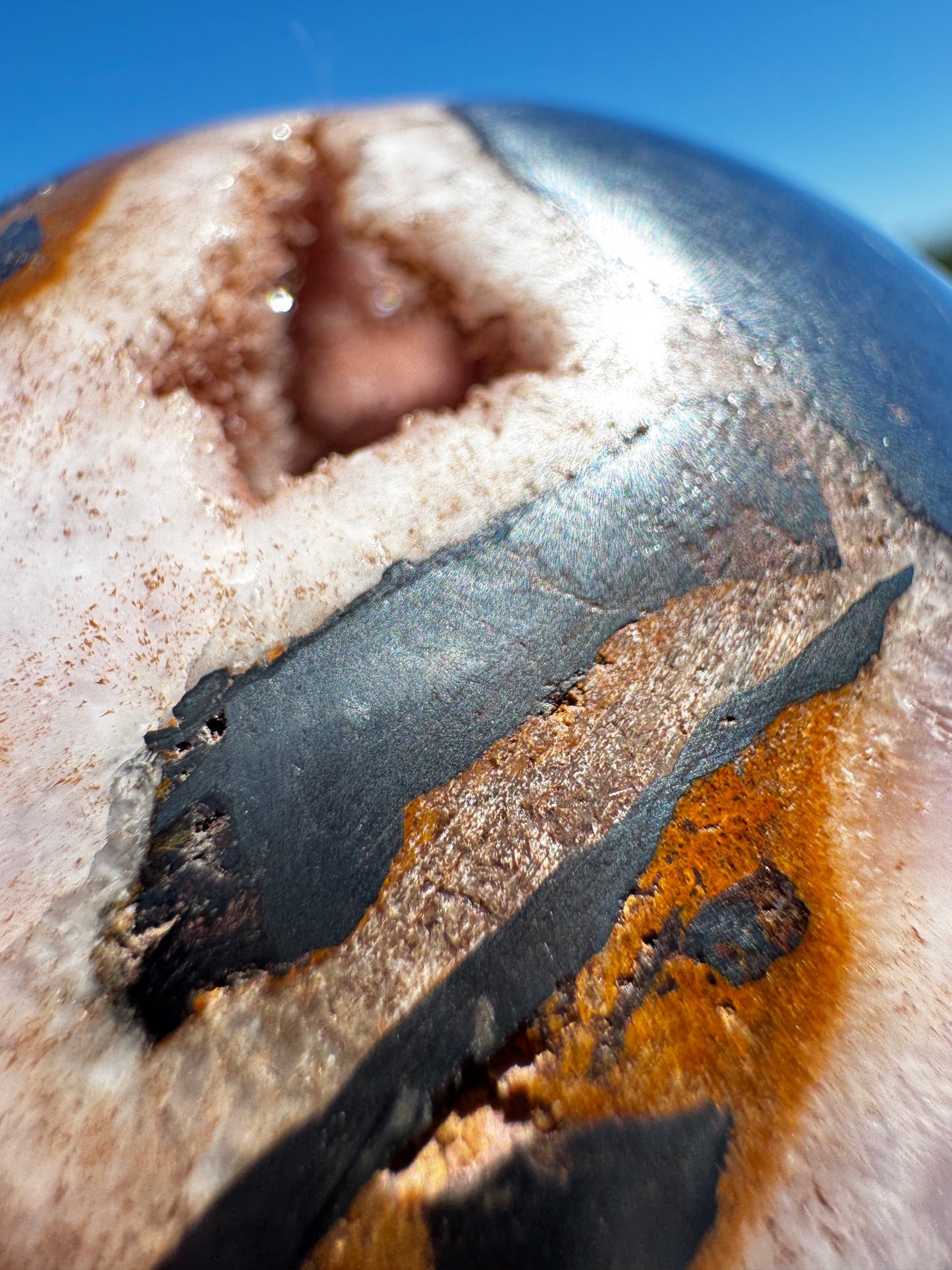 Sexy Pink Aragonite & Magnetite Druzy Cave Sphere 613 Grams