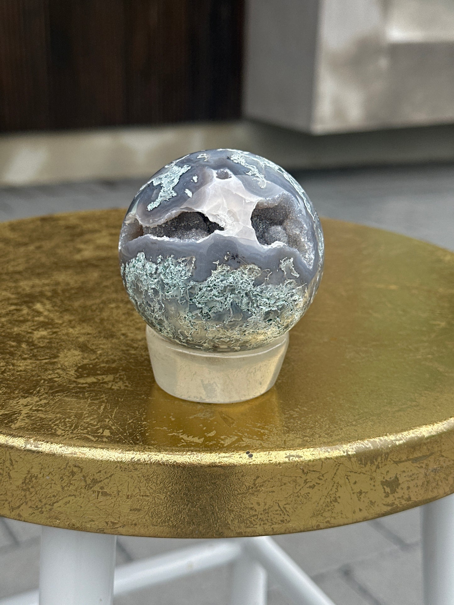 Moss Agate Chalcedony Druzy Cave Sphere