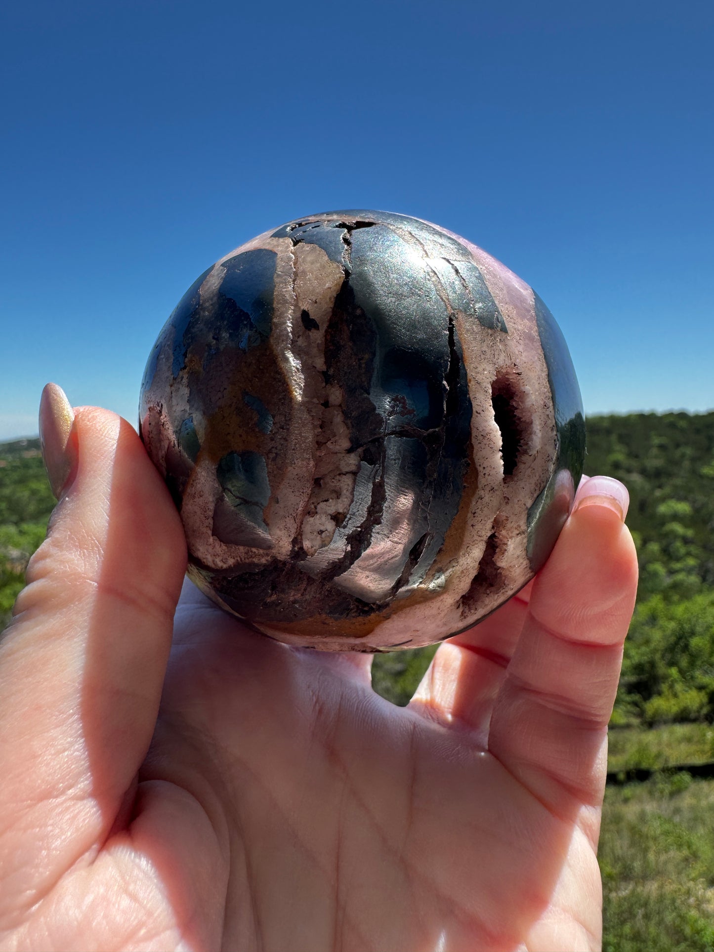 Sexy Pink Aragonite & Magnetite Druzy Cave Sphere 613 Grams