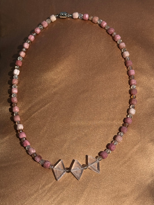 TMB Necklace Girasol Quartz Pink Opal Rutilated Quartz .925 Metallic Clasp