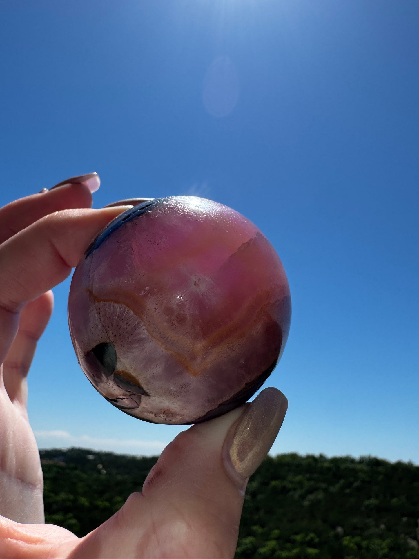 Glowing Shades of Pink and Orange Aragonite & Magnetite Sphere 214 Gram Sphere