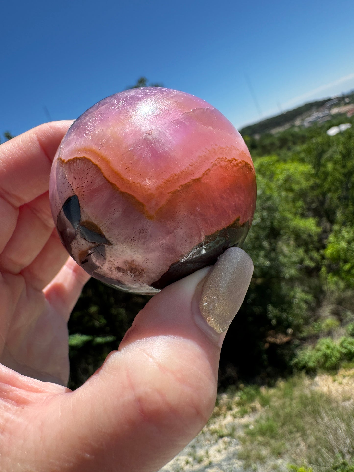 Glowing Shades of Pink and Orange Aragonite & Magnetite Sphere 214 Gram Sphere
