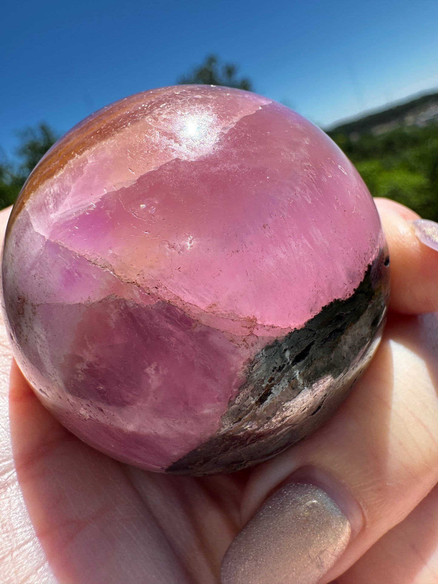 Glowing Shades of Pink and Orange Aragonite & Magnetite Sphere 214 Gram Sphere
