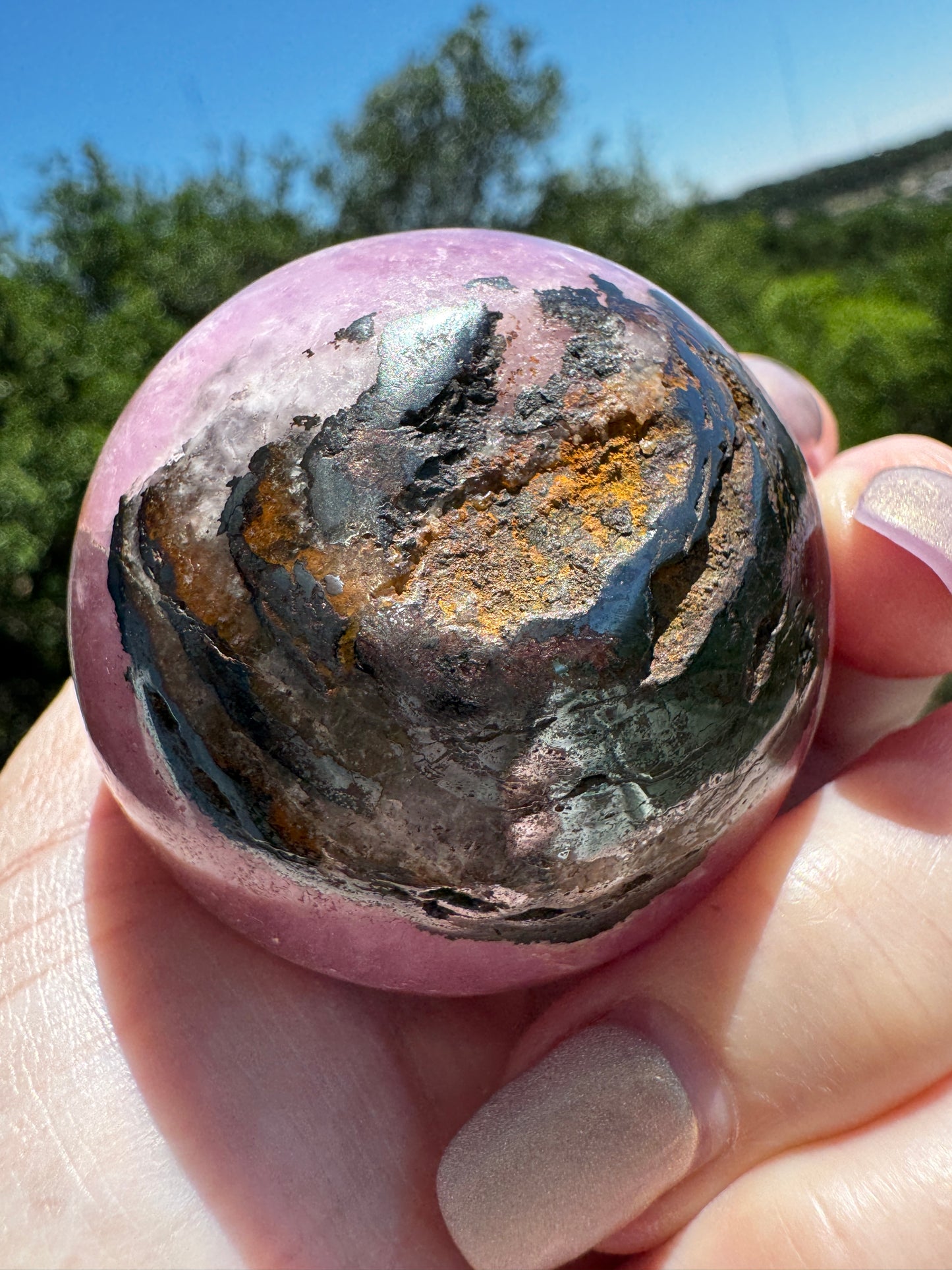 Glowing Shades of Pink and Orange Aragonite & Magnetite Sphere 214 Gram Sphere