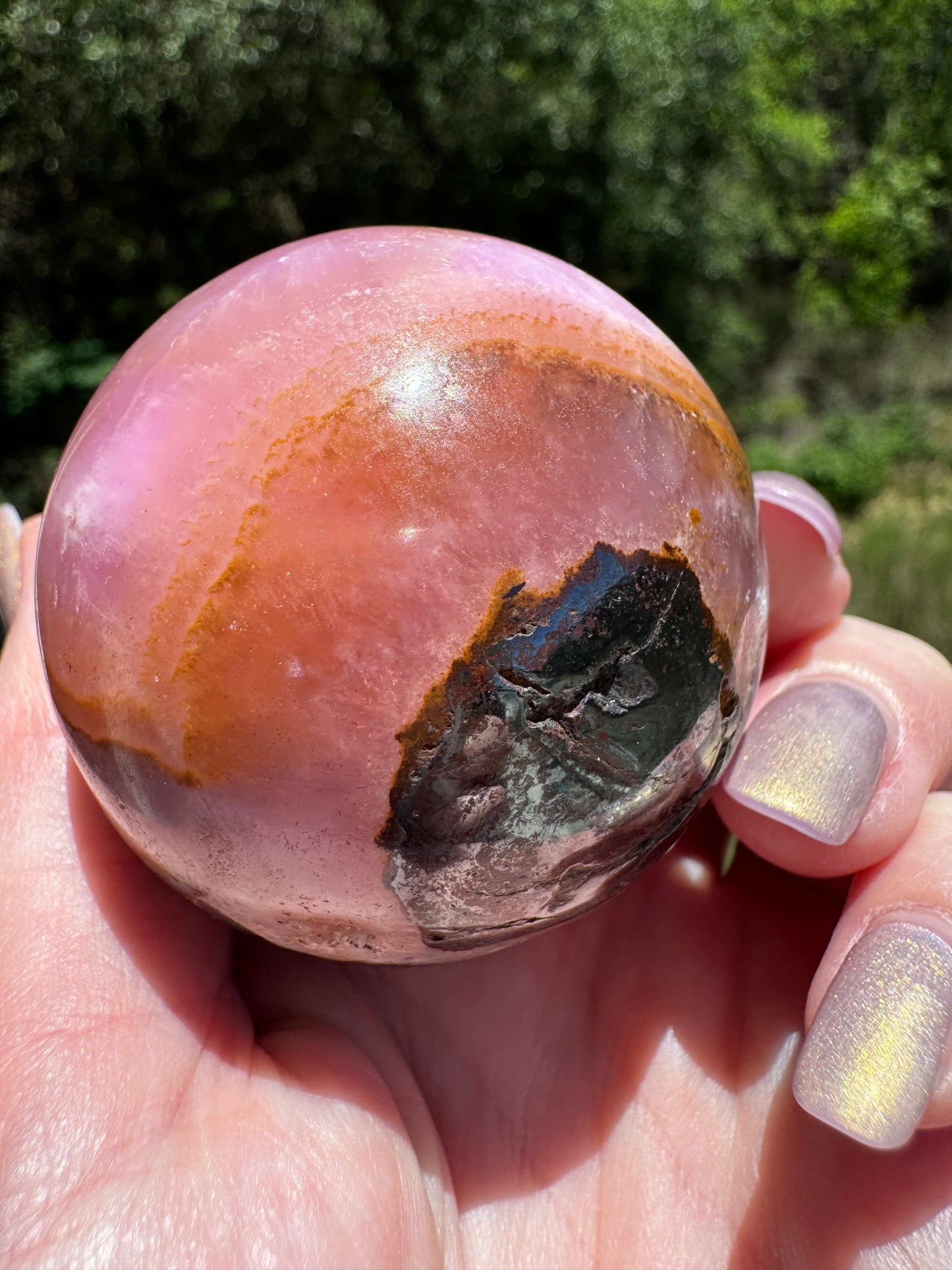 Glowing Shades of Pink and Orange Aragonite & Magnetite Sphere 214 Gram Sphere