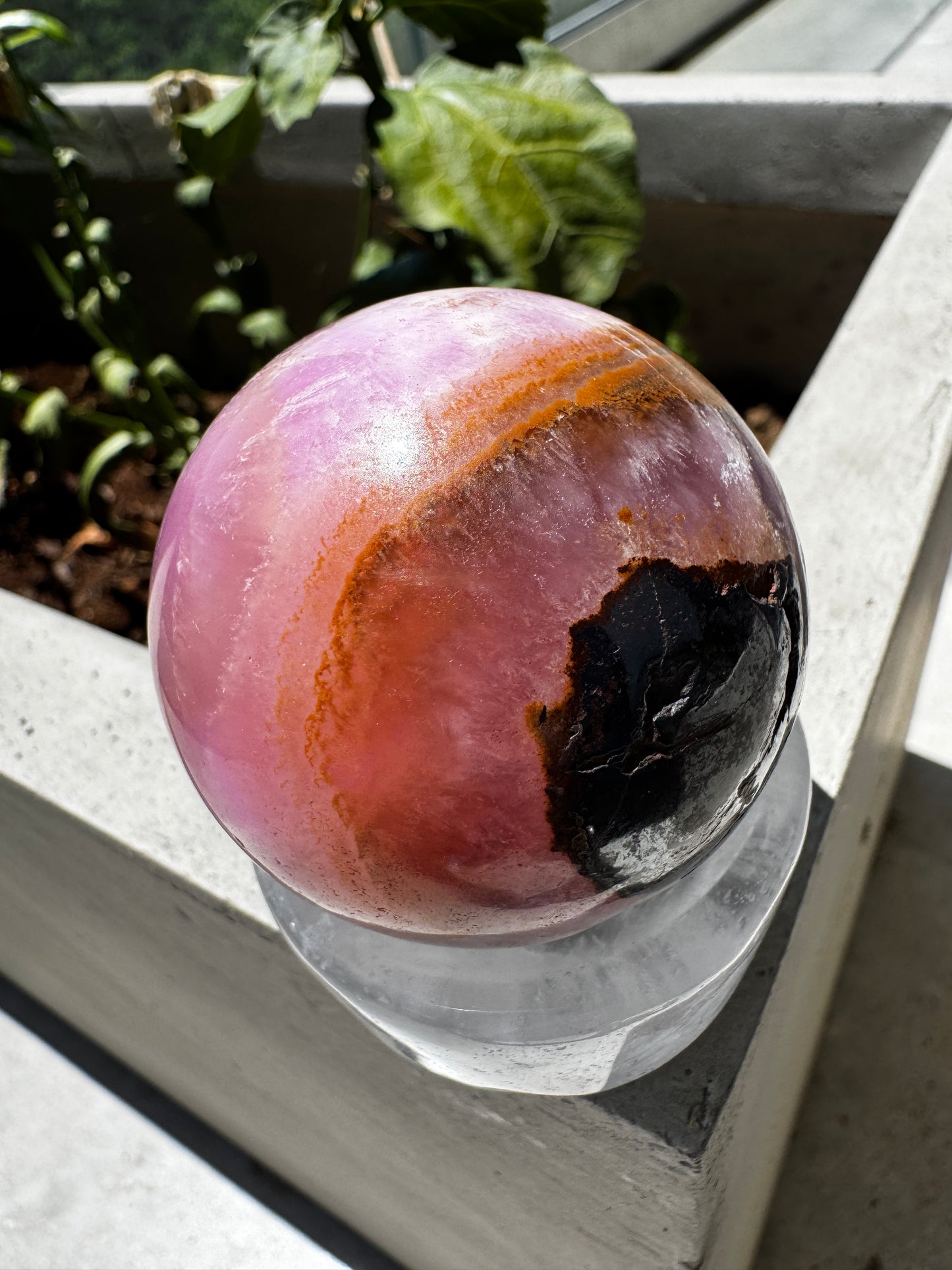 Glowing Shades of Pink and Orange Aragonite & Magnetite Sphere 214 Gram Sphere