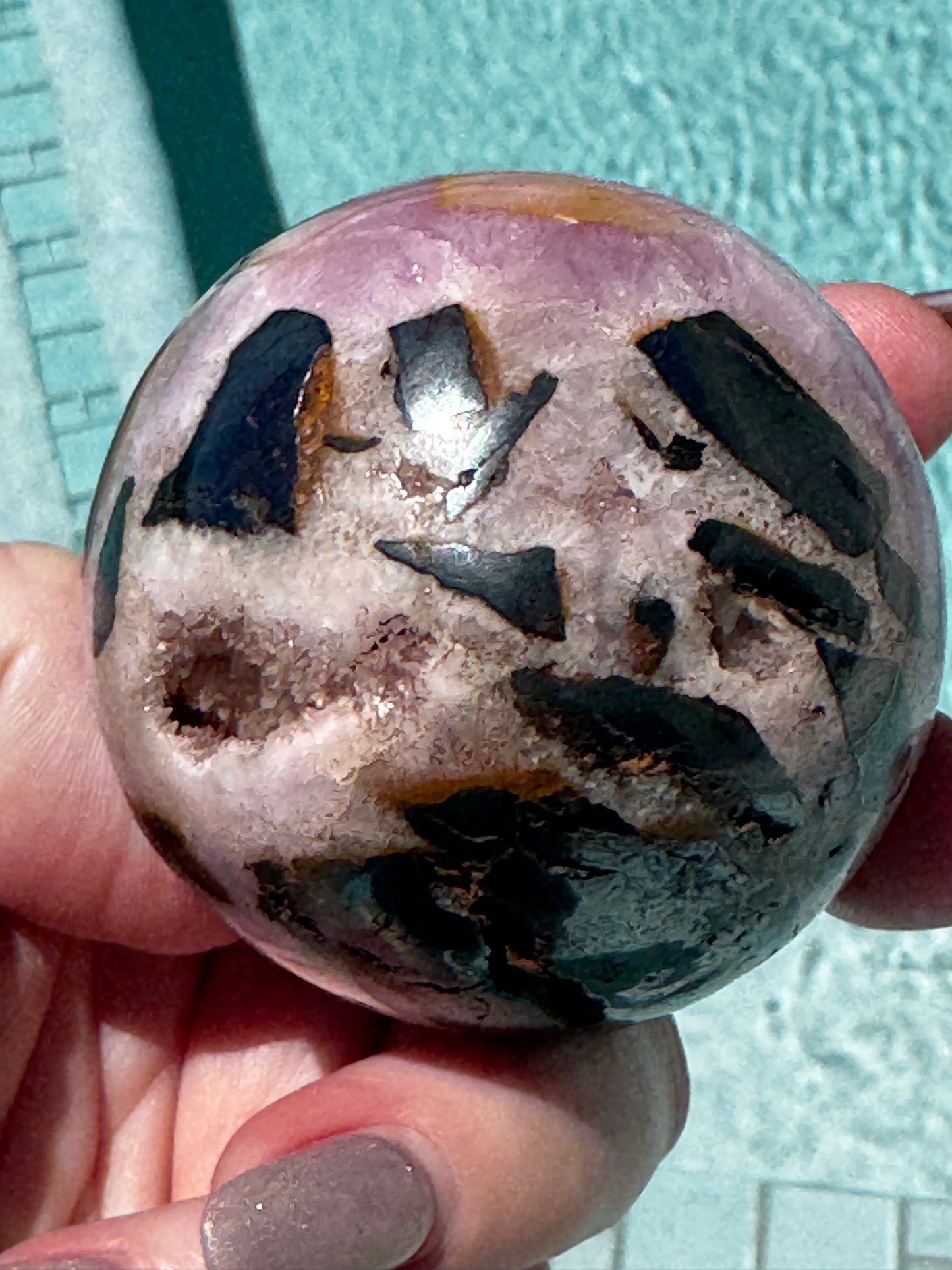 Pink Aragonite & Magnetite Grounding Love in the Heart Sphere 355 Grams