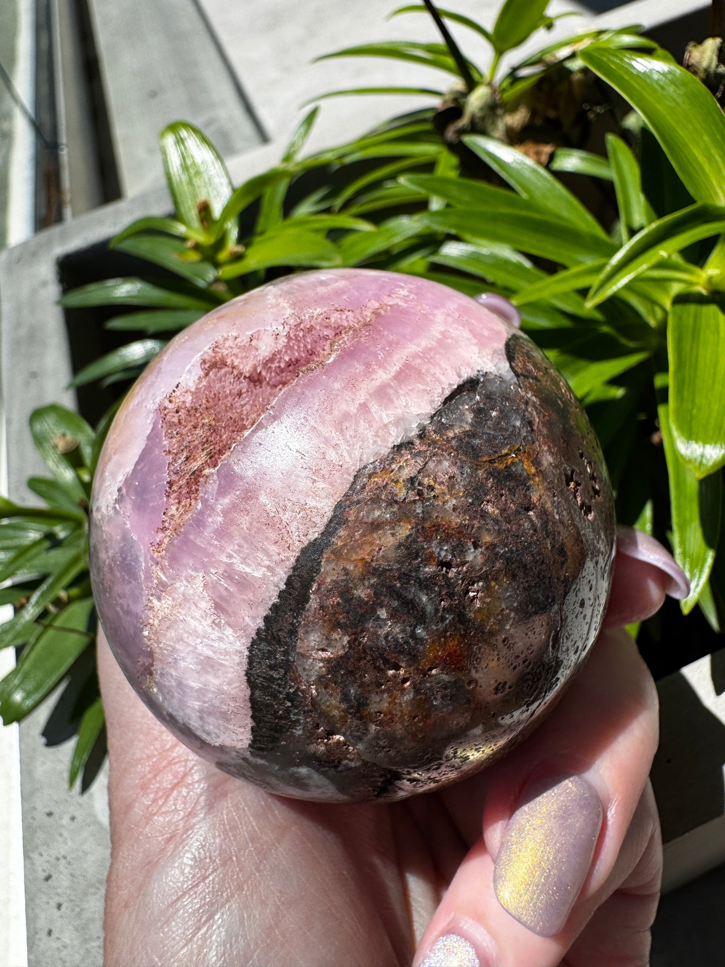 Pink Aragonite with Druzy Cave & Magnetite Sphere 383 Grams