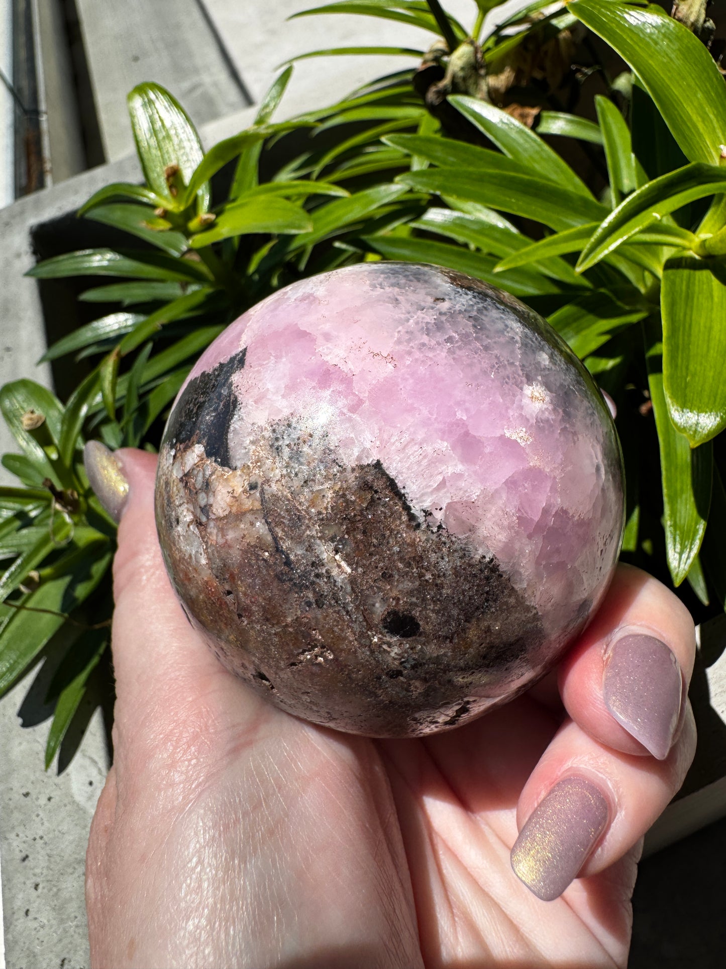 Pink Aragonite with Druzy Cave & Magnetite Sphere 383 Grams