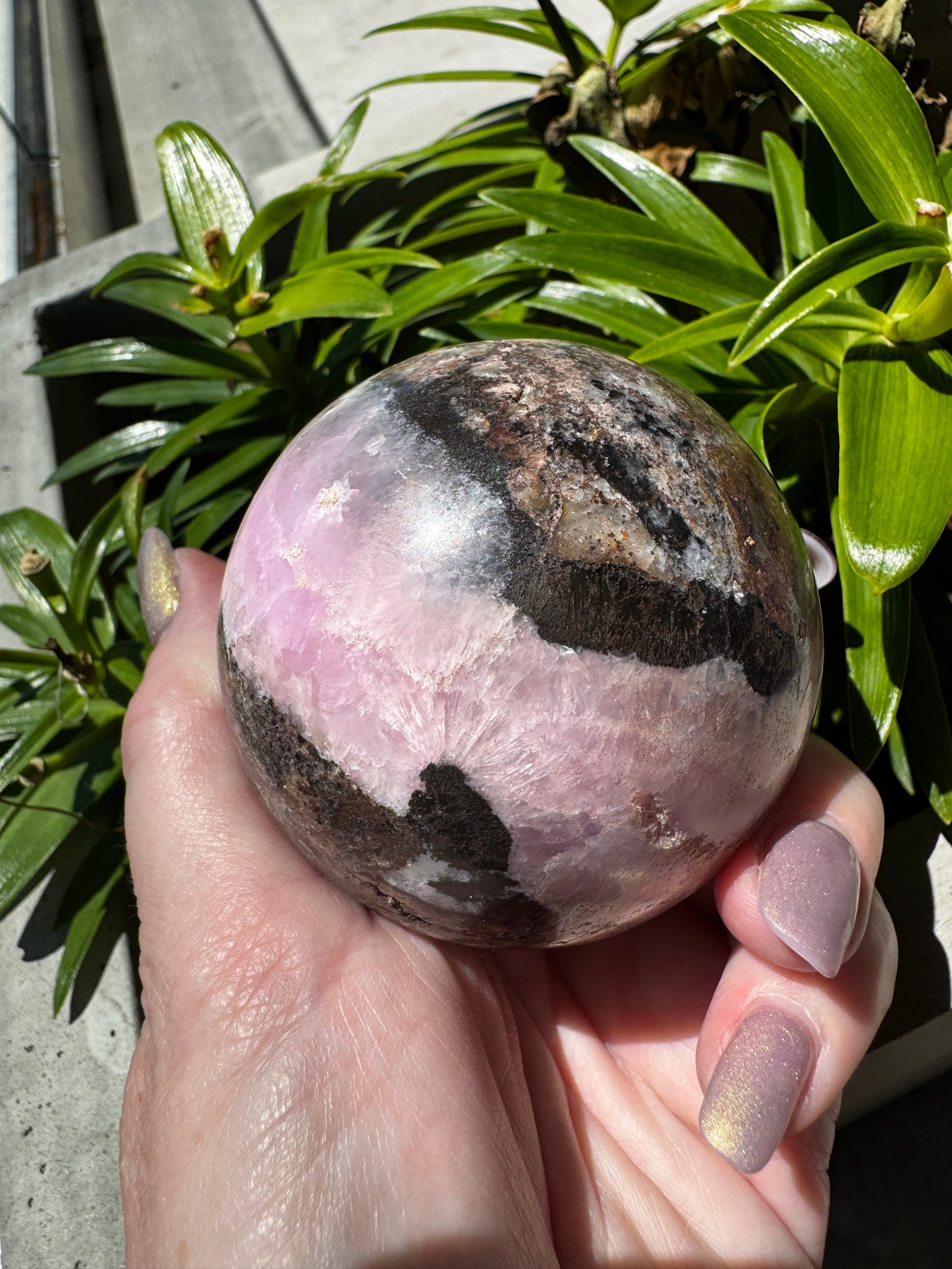 Pink Aragonite with Druzy Cave & Magnetite Sphere 383 Grams