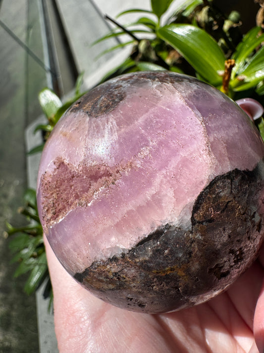 Pink Aragonite with Druzy Cave & Magnetite Sphere 383 Grams