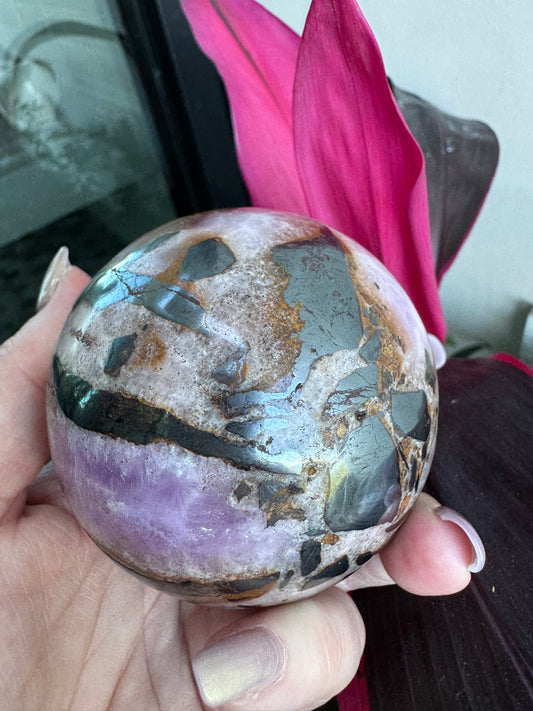 HUGE Pink and Purple Aragonite & Magnetite Grounding Love Sphere 655 Grams