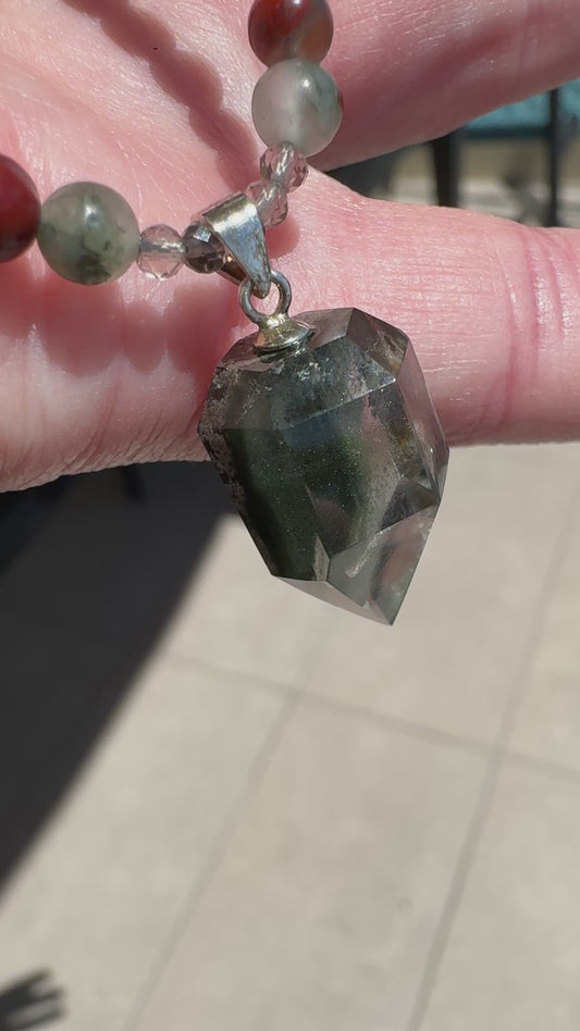 TMB Handmade Necklace Pain Relief in a Premium Crystal Necklace Garden Quartz Smoky QuartZ African Bloodstone USA Steel Screw Clasp